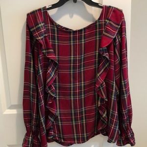 Tartan plaid ruffled LS blouse